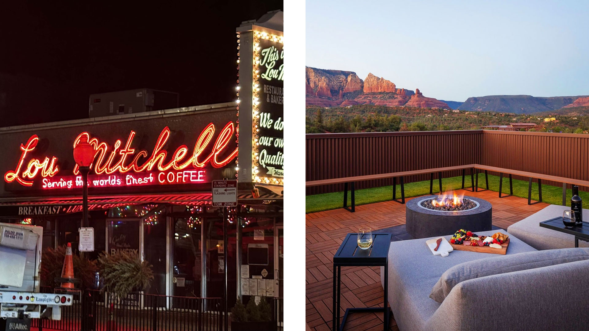 Icon neon sign of Lou Mitchell's and view from terrace at Ambiente Sedona  - ©Nicholas Thanas/Lou Mitchell's | ©Ambiente Sedona 