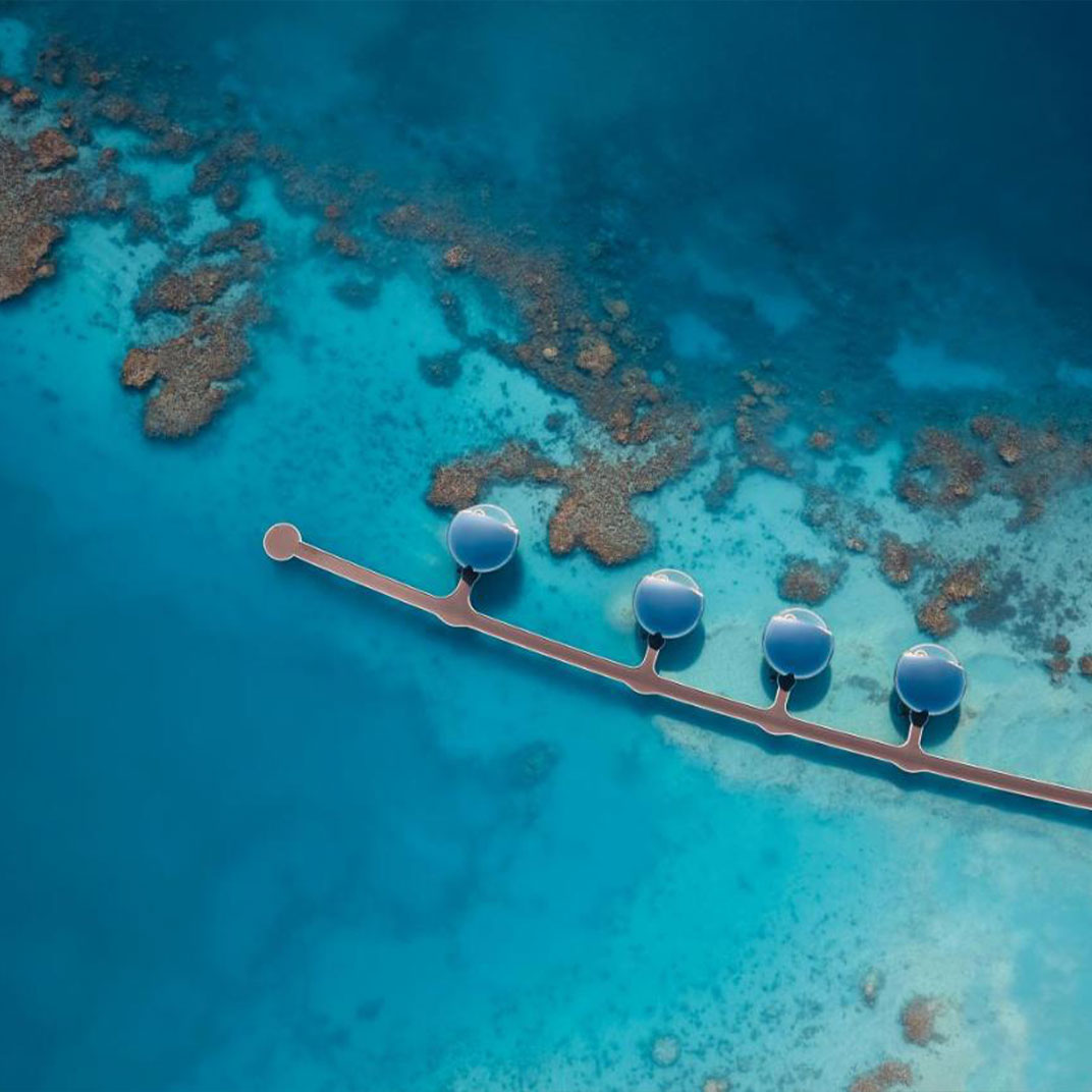 Shebara Resort: Futuristic chrome pearls camouflaged by the Red Sea.