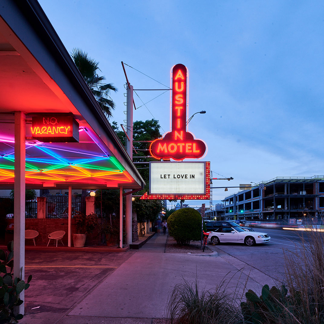 The iconic neon sign that heralds the Austin Motel on South Congress Avenue.