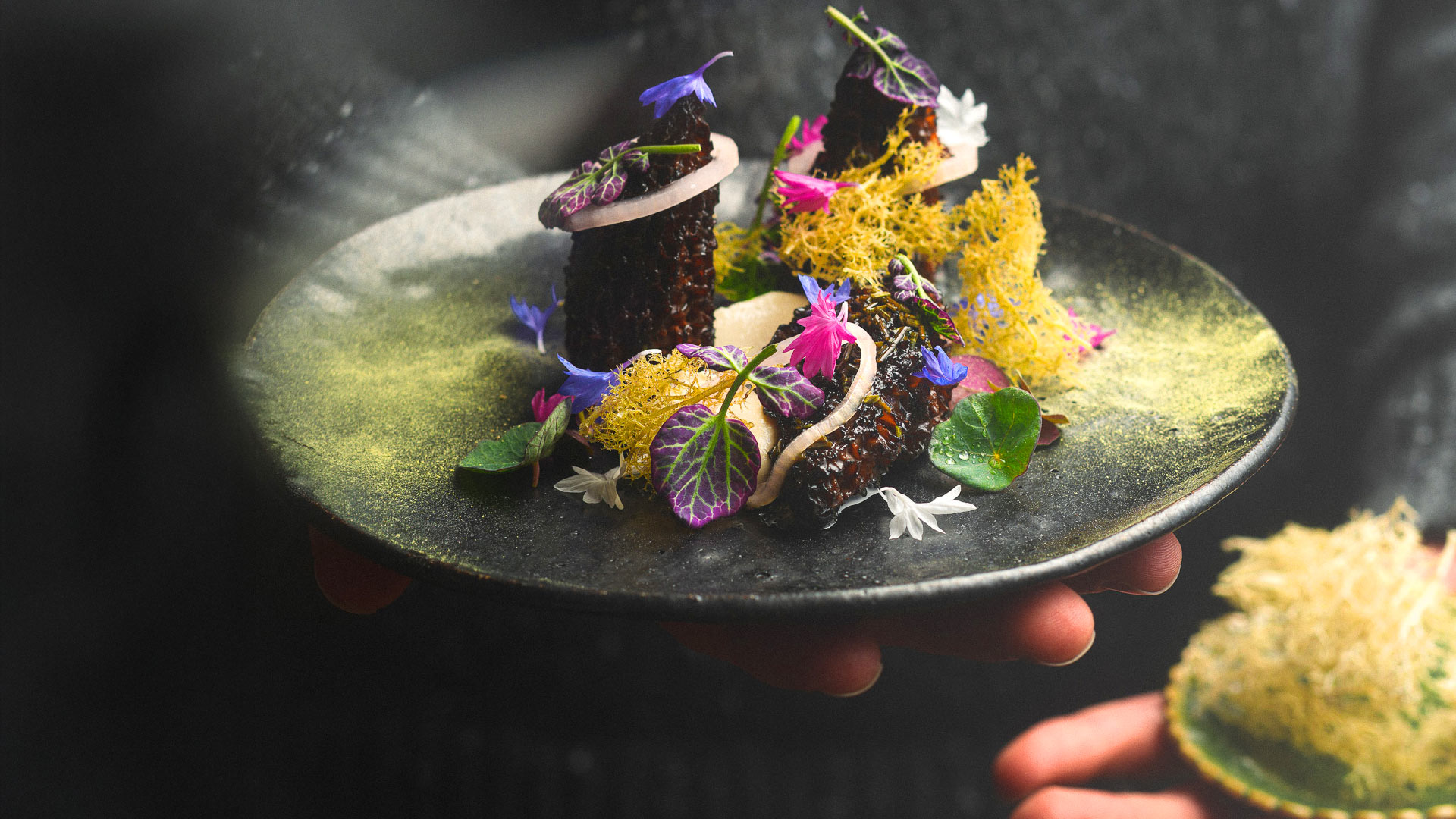 Hakan Burcuoglu / Burdock & Co. - Pine Resin Glazed Morel Mushroom with fermented pine nut and crispy lichen