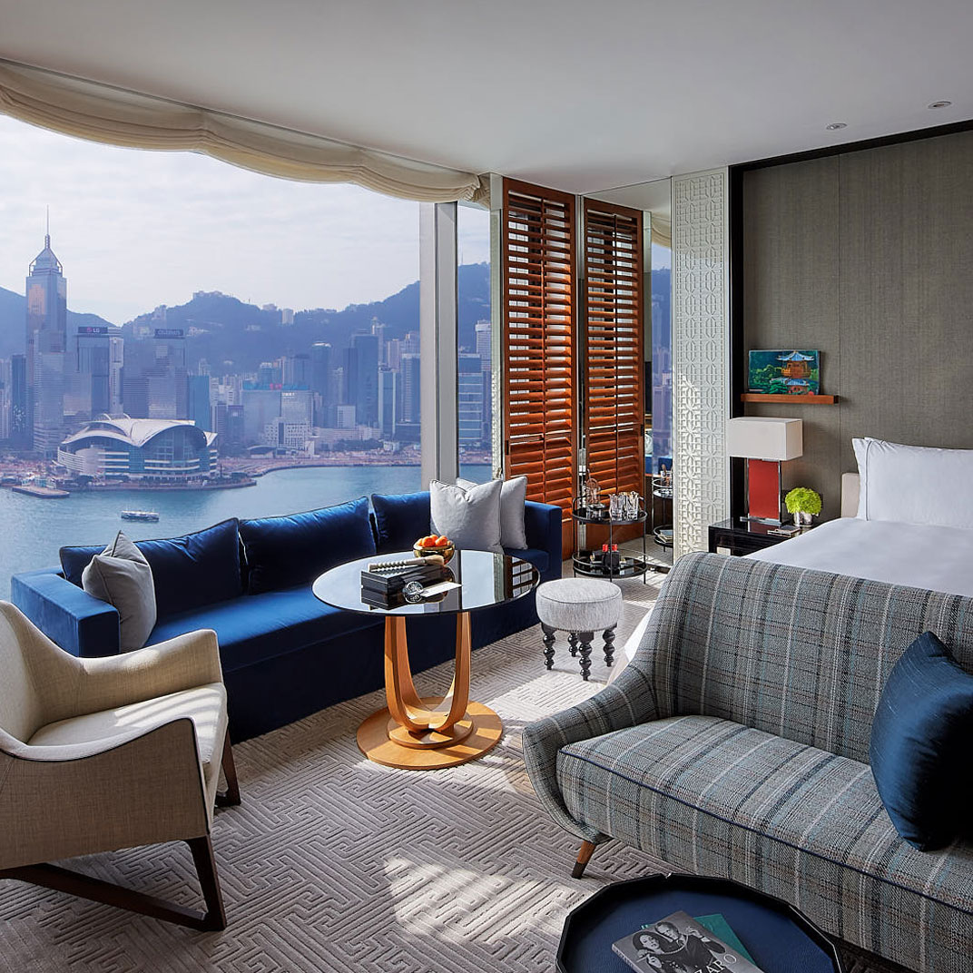 Guest rooms and suites at the Rosewood are among the most spacious in Hong Kong, most with views of Victoria Harbor. © Rosewood Hong Kong