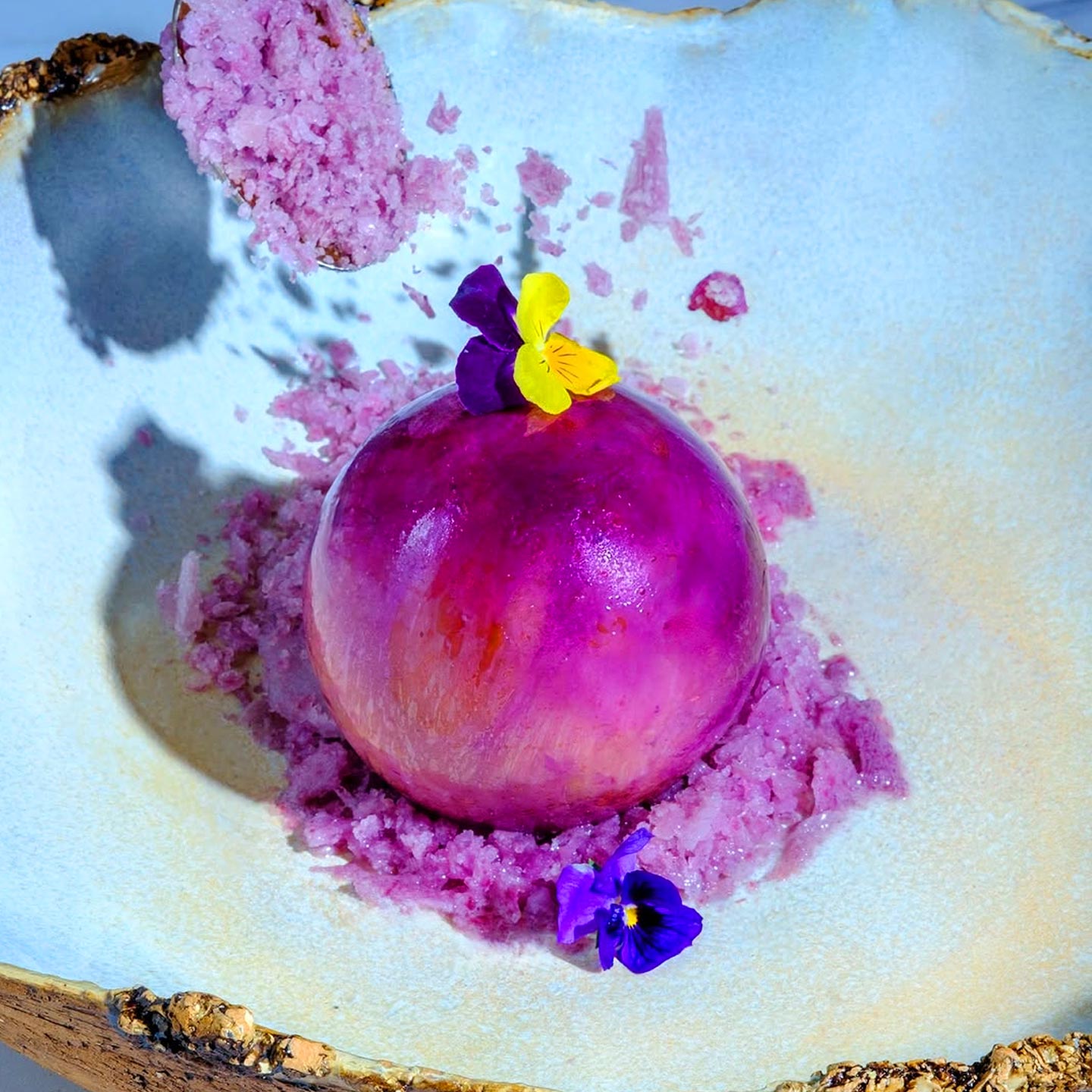 Chocolate can be colorful, as seen in this ube pearl with milk chocolate brownie at Gabriel Kreuther. ©Todd Coleman/Gabriel Kreuther