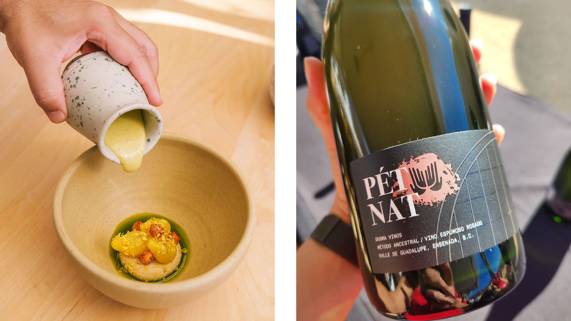 Cold tomato soup and Duoma's Pét Nat Rosé. © Propiedad De Lunario | © DUOMA Vinos Mexicanos