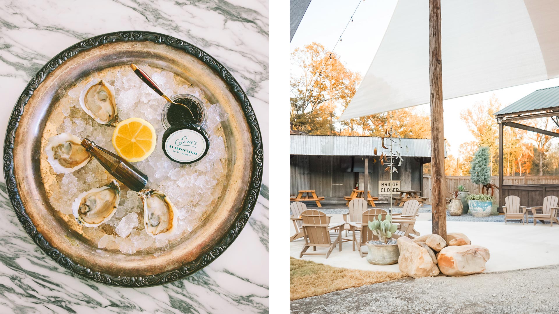 Jackson Jewel Oysters with MS Bowfin caviar at Elvie's and outdoor eating area of Sacred Ground Barbecue - ©Cody McCain/Elvie's | ©Alexandra Ferguson/Sacred Ground Barbecue