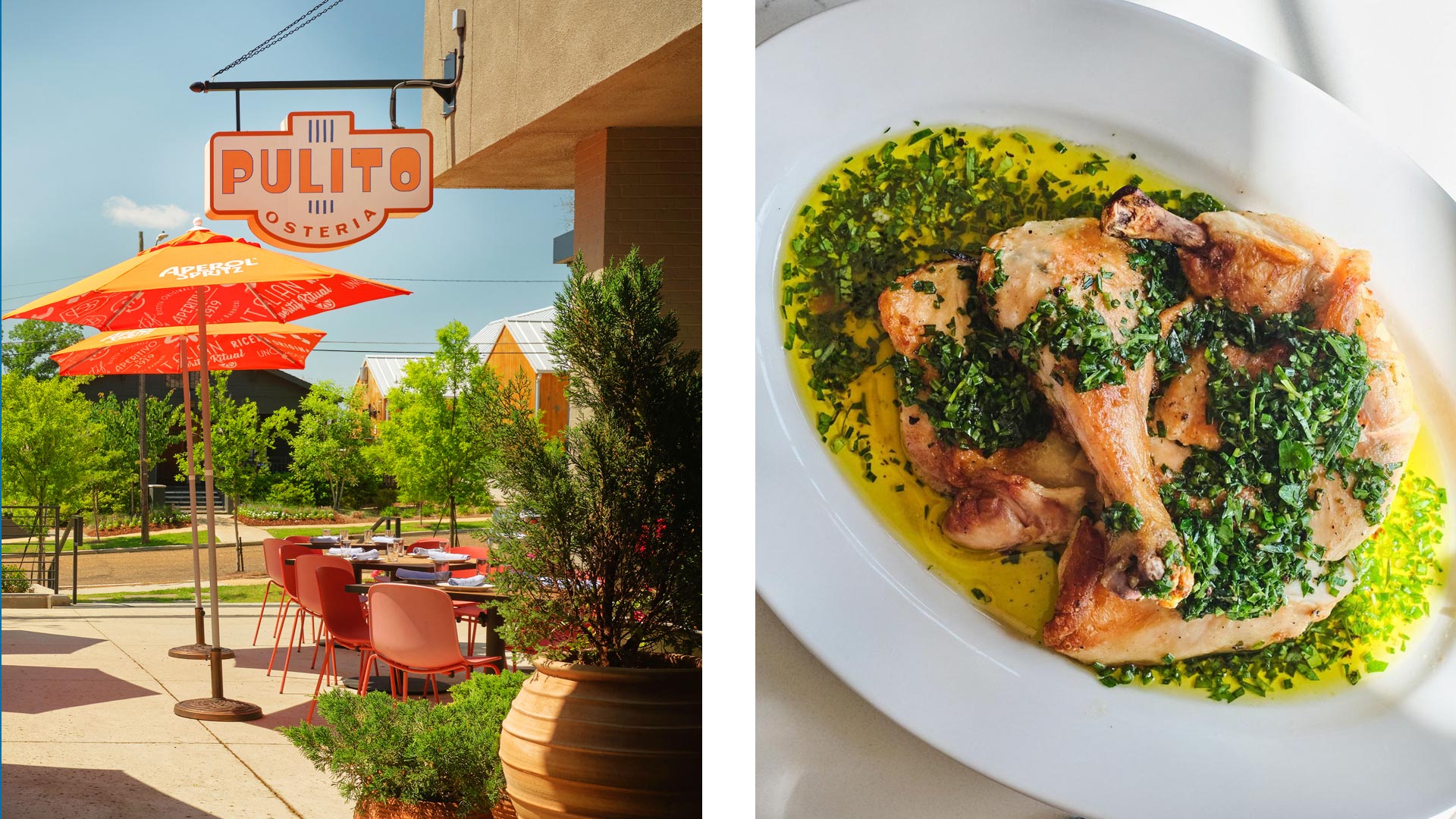 Exterior and roasted chicken with fine herb salsa verde at Pulito Osteria - ©Andrew Welch/Pulito Osteria | ©Denny Culbert/Pulito Osteria