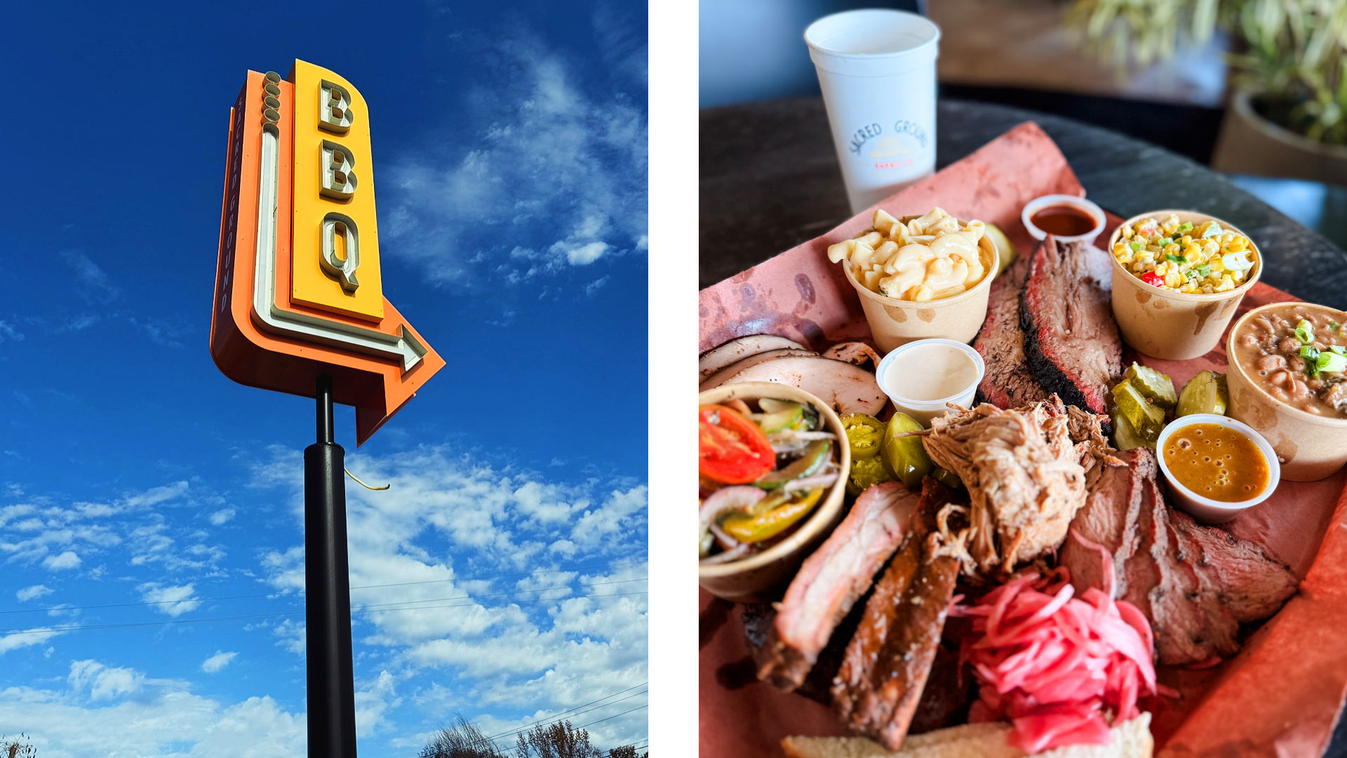 Neon sign and barbecue spread of Sacred Ground Barbecue - ©Alexandra Ferguson/Sacred Ground Barbecue