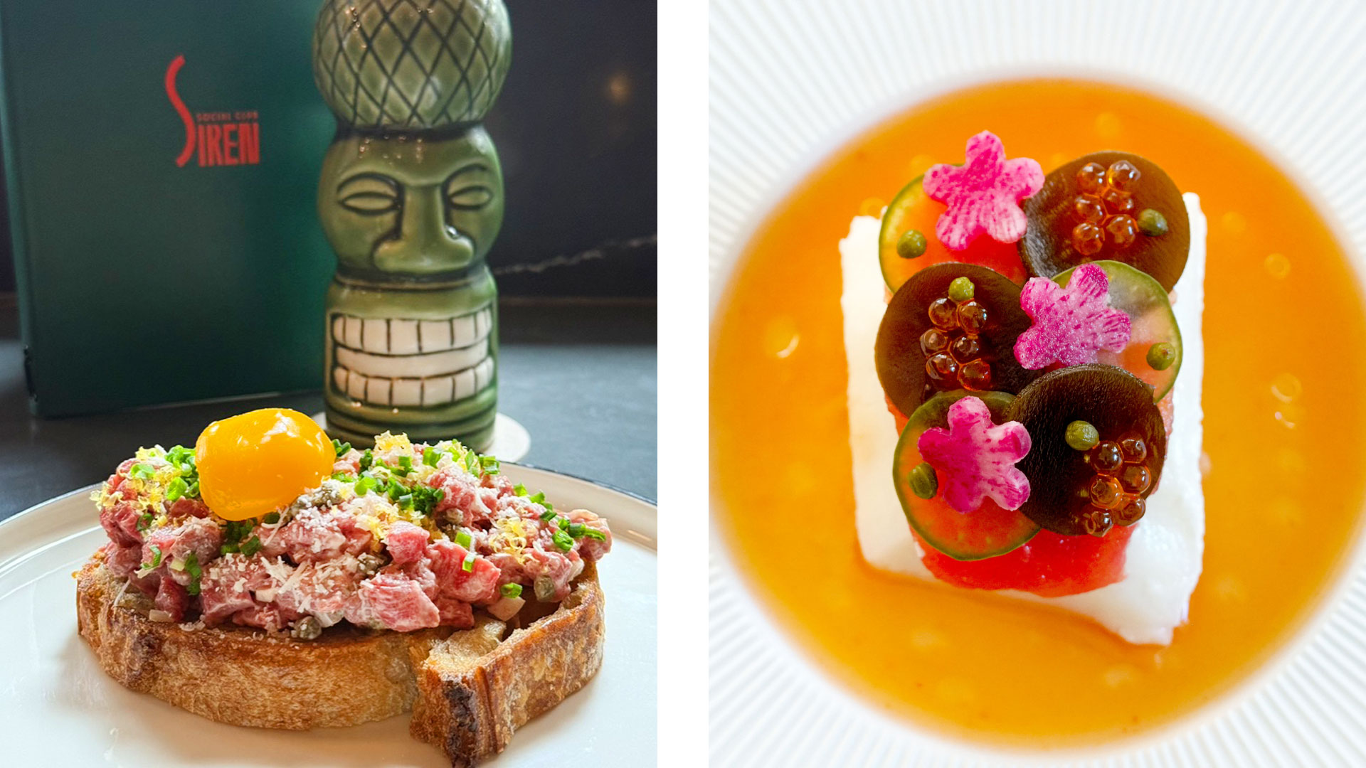 Beef tartare with tiki drink at Siren Social Club and Halibut, summer tsukemono, elderflower dish at Vestige - ©Siren Social Club | ©Alex Perry/Vestige