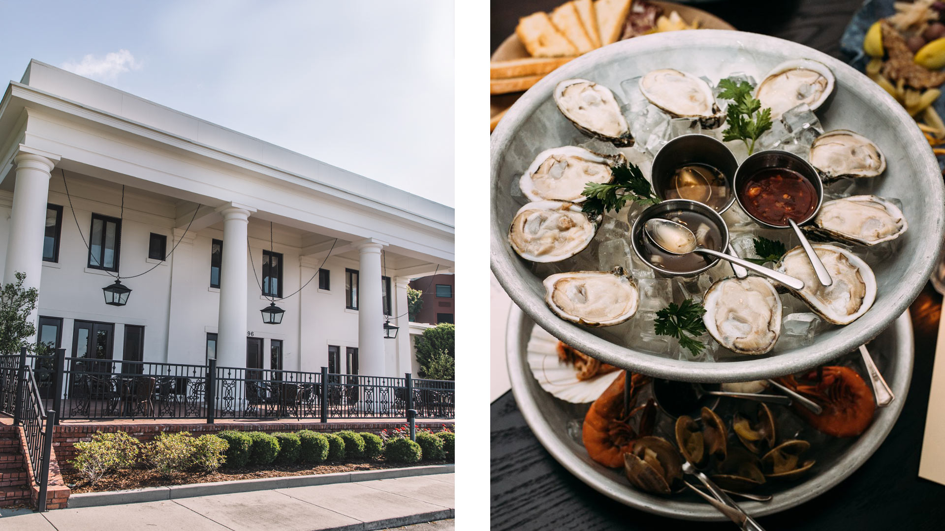 Historic exterior and gulf seafood tower at White Pillars - ©White Pillars