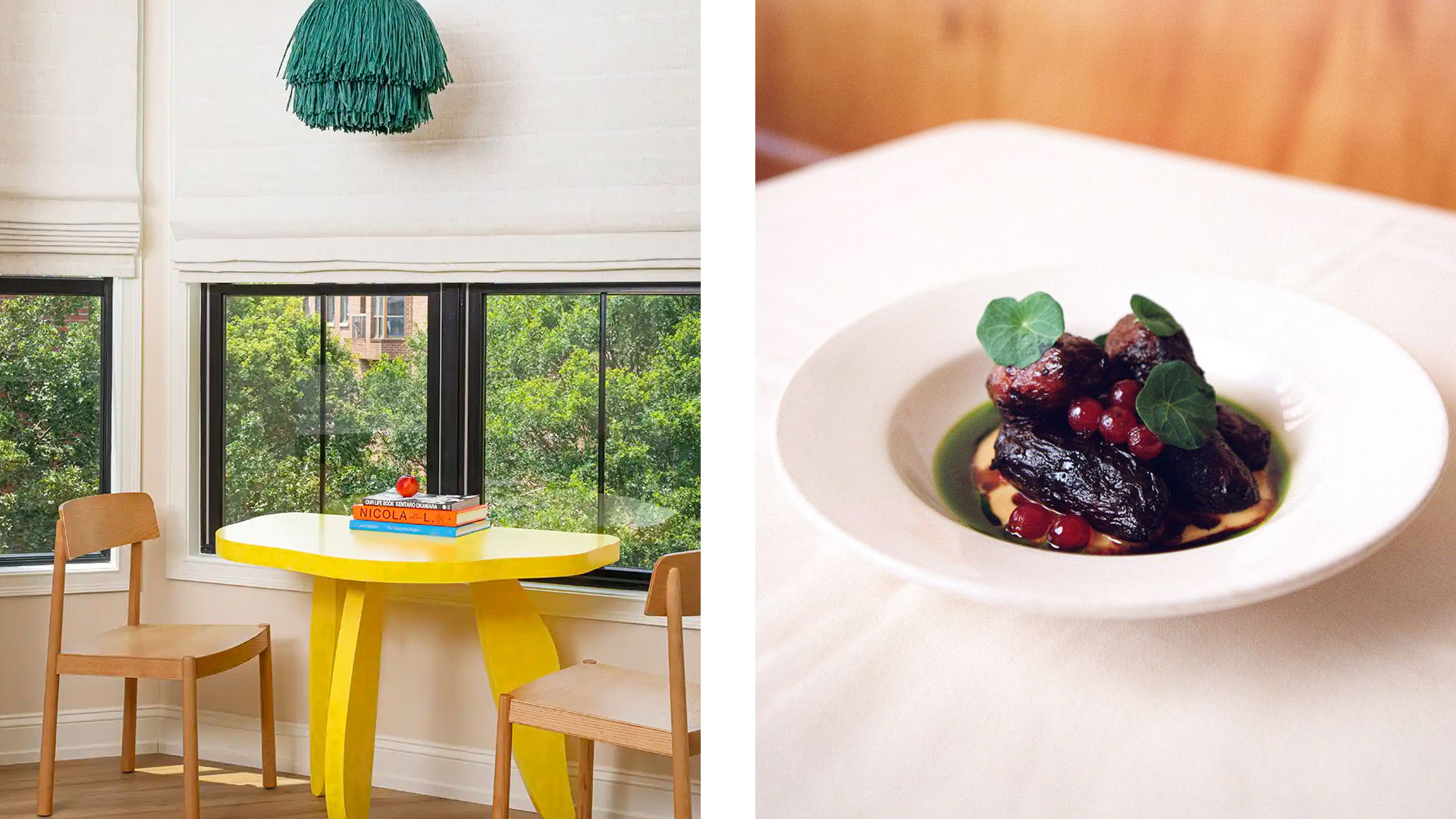Corner King Suite at Yowie Hotel and sherry-glazed beets tonnato from Mish Mish. © Yowie Hotel | © Robb Klassen/Mish Mish