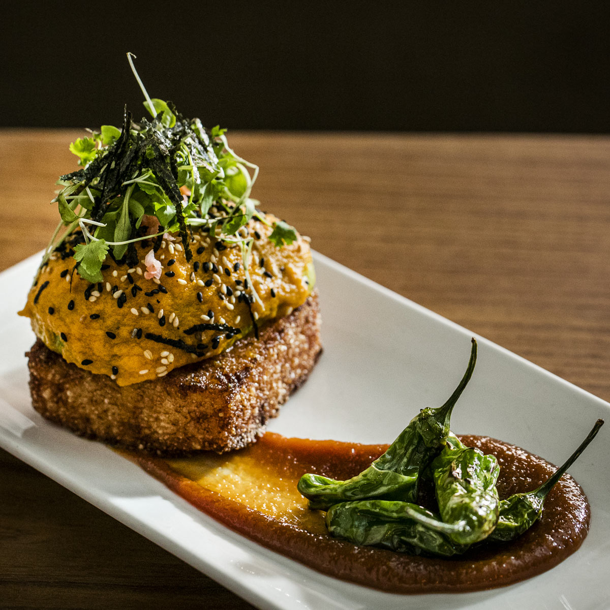 Crispy rice, miso glaze and blistered shishito - ©Eric Medsker/Avant Garden