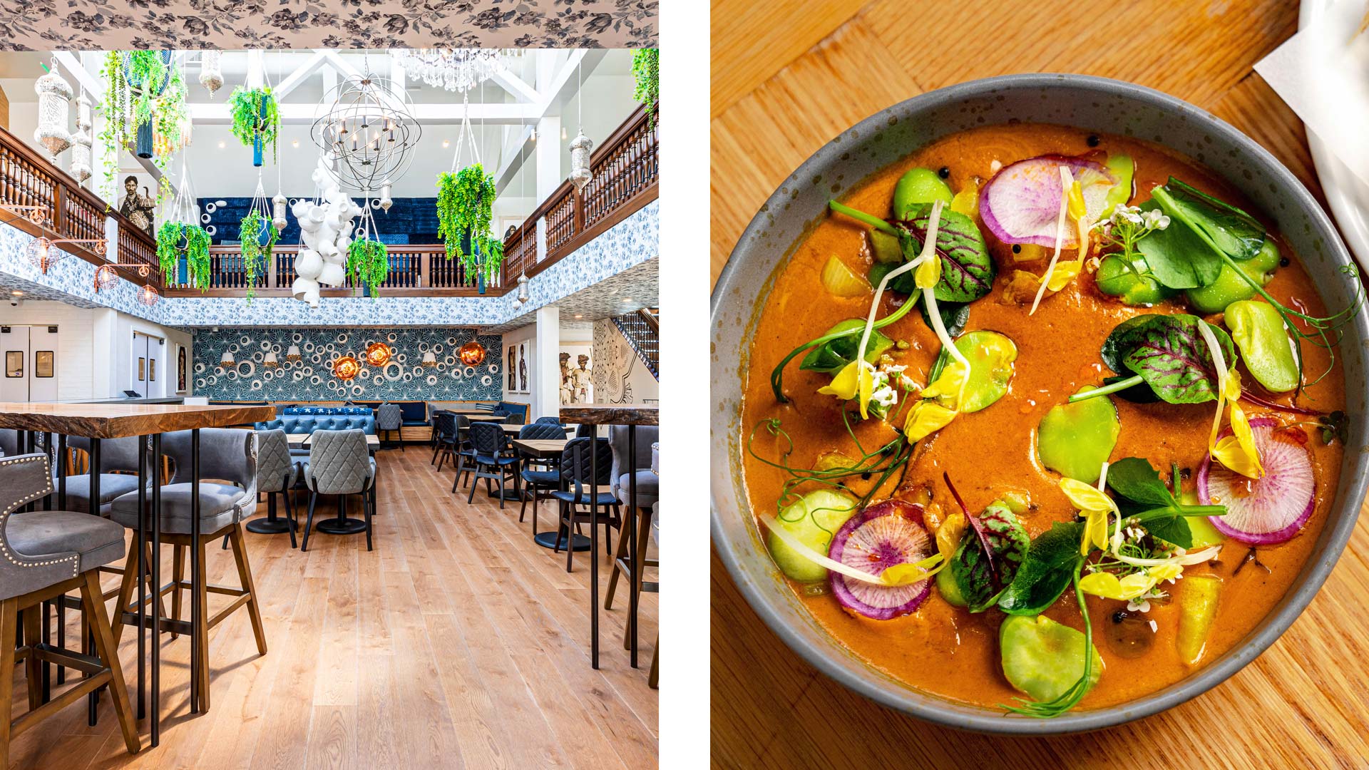 Ettan's airy decor and a refreshing bowl of tomato peach gazpacho.  © Patricia Chang/Ettan | © Chad Santo Tomas/Ettan