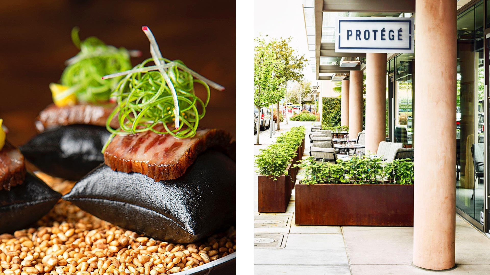Wagyu beef tataki and Protégé's lush exterior. © Anthony Secviar/Protégé | © Jim Sullivan/Protégé