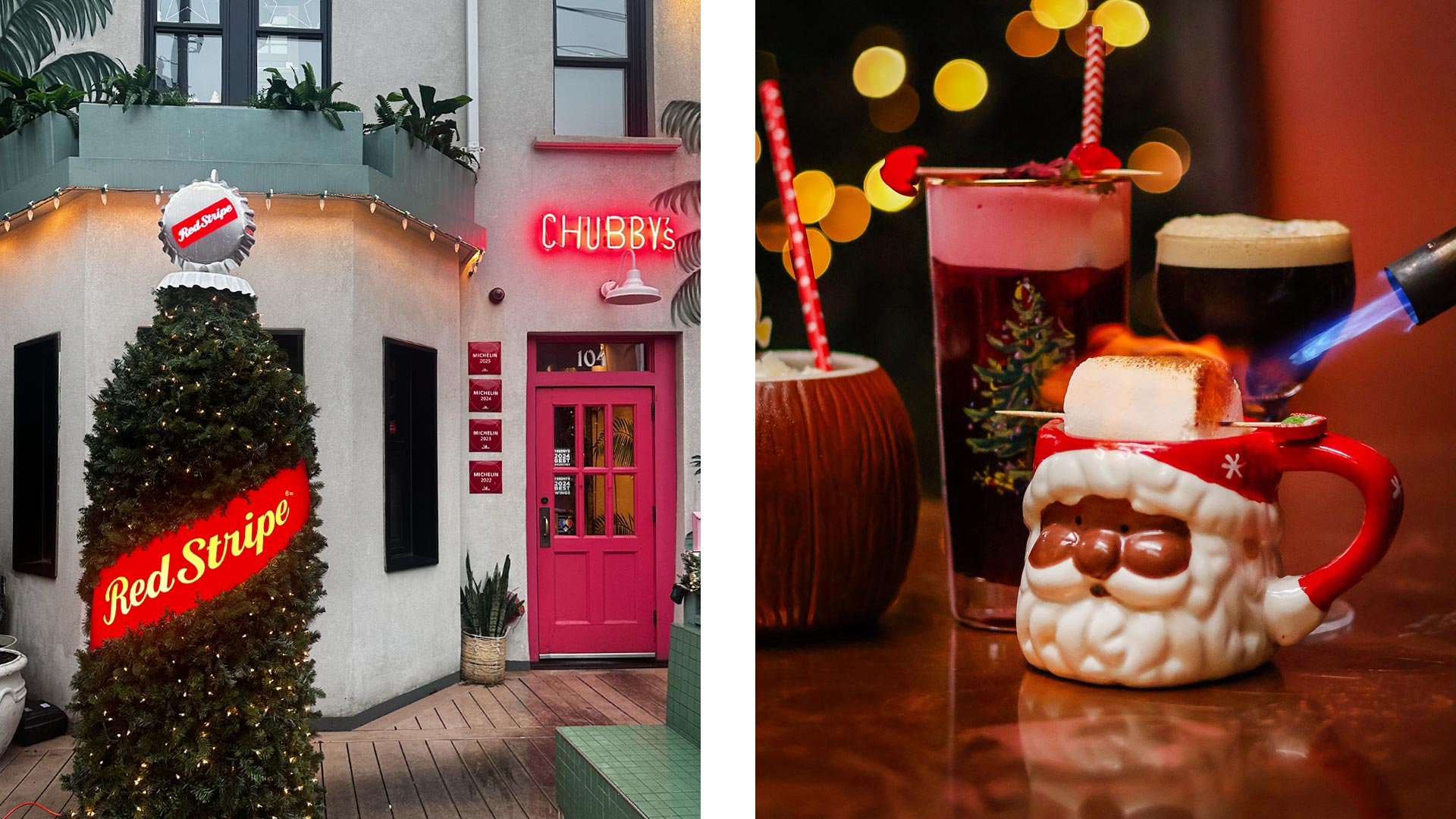 Red Stripe beer-themed Christmas tree and amaretto-whisky peppermint nog at Chubby's - Pon di Nice List - ©Chubby’s Jamaican Kitchen