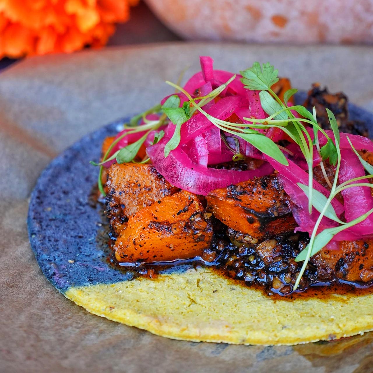 Koginut squash taco made with a nixtamalized tortilla at Nixtaco. ©Nixtaco