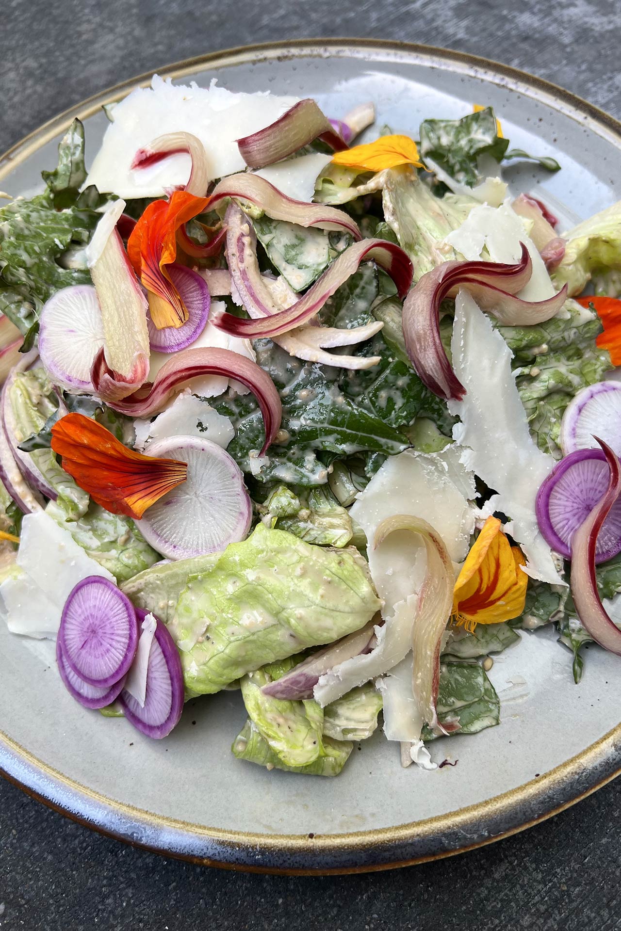 The bolted baby gem and shaved rhubarb salad at Top Hatters Kitchen. ©DanVu Vu/Top Hatters Kitchen